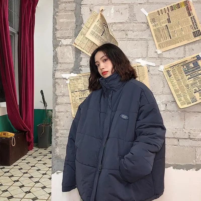 

Темно-синее плотное Стеганое пальто для женщин, новинка 2021, зимняя повседневная верхняя одежда с воротником-стойкой, свободные женские стег...