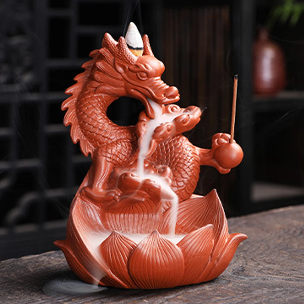 

Handmade Ceramic Backflow Incense Burner Crafts Desktop Feng Shui Incense Burner Dragon Shape Smoke Waterfall Incense Burner