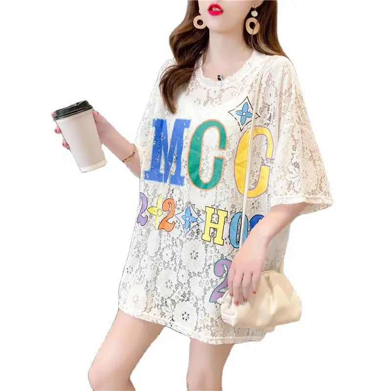 

Fashion mid-length high-end lace hollow Harajuku Gothic loose large size short-sleeved T-shirt female trend