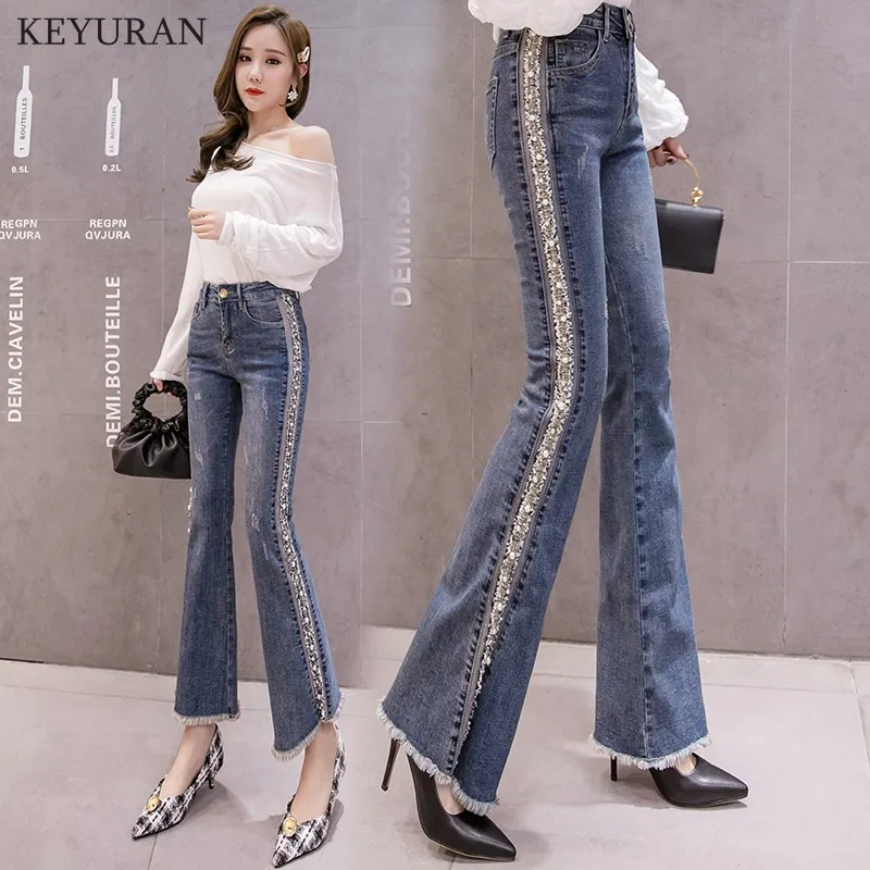 Эластичные женские узкие джинсы с бахромой и жемчугом|Джинсы клеш| |