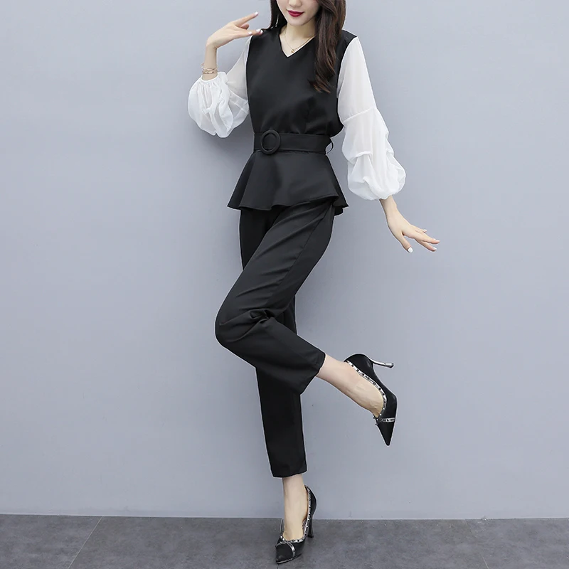 

new bigger sizes couture two-piece clothing set loose Korean fashion top blouse pants outfit business office lady outwear autumn