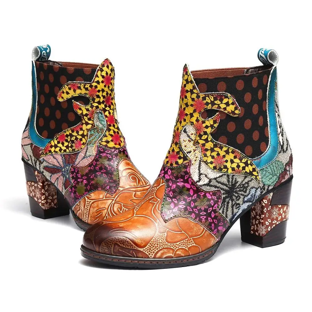 

Women's shoes autumn ankle boots fashion Pu leather elastic band Women Botas fashion printed women's high heels