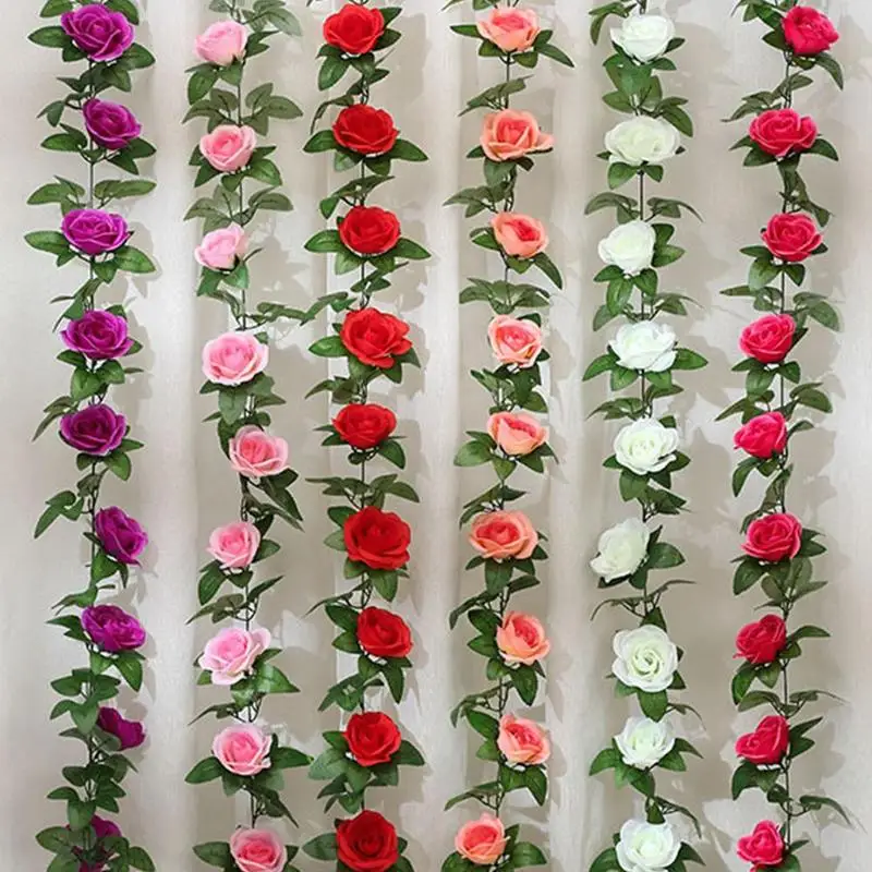 1pc Artificial Rose Silk Flower Vine Garland For Wedding Decoration Dried Vines Home Garden Flower Fake Plant Wall Decals 2.45 M