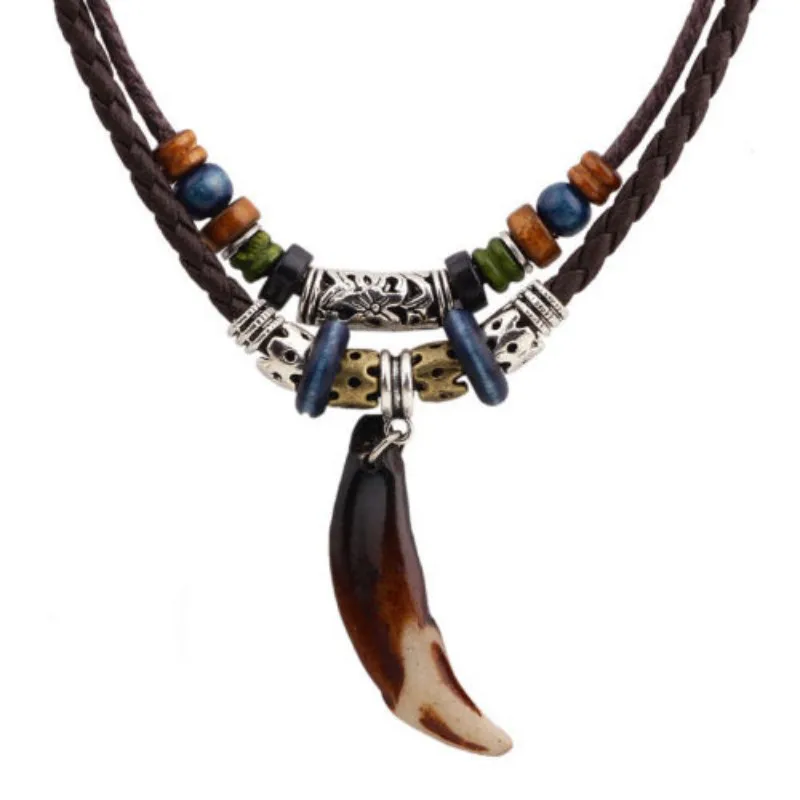 

Vintage Men's Wolf Tooth Pendant Leather Beaded Weaved Prayer Necklace Jewelry