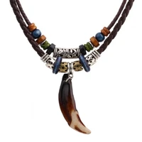 vintage mens wolf tooth pendant leather beaded weaved prayer necklace jewelry