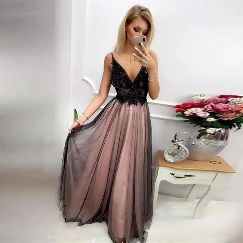 Длинные Выпускные платья с кружевной аппликацией v образным вырезом открытой