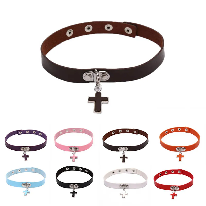 

Lady Stylish Fashion Lovely cross Decoration Collar Necklace Vacation Jewelry PU Leather Chokers Necklace