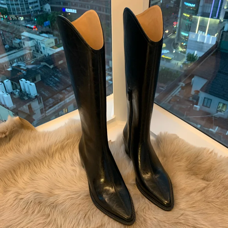 

Western Cowboy Boots high tube boots thick heel middle heel pointed v-mouth Knight boots female white middle tube over the