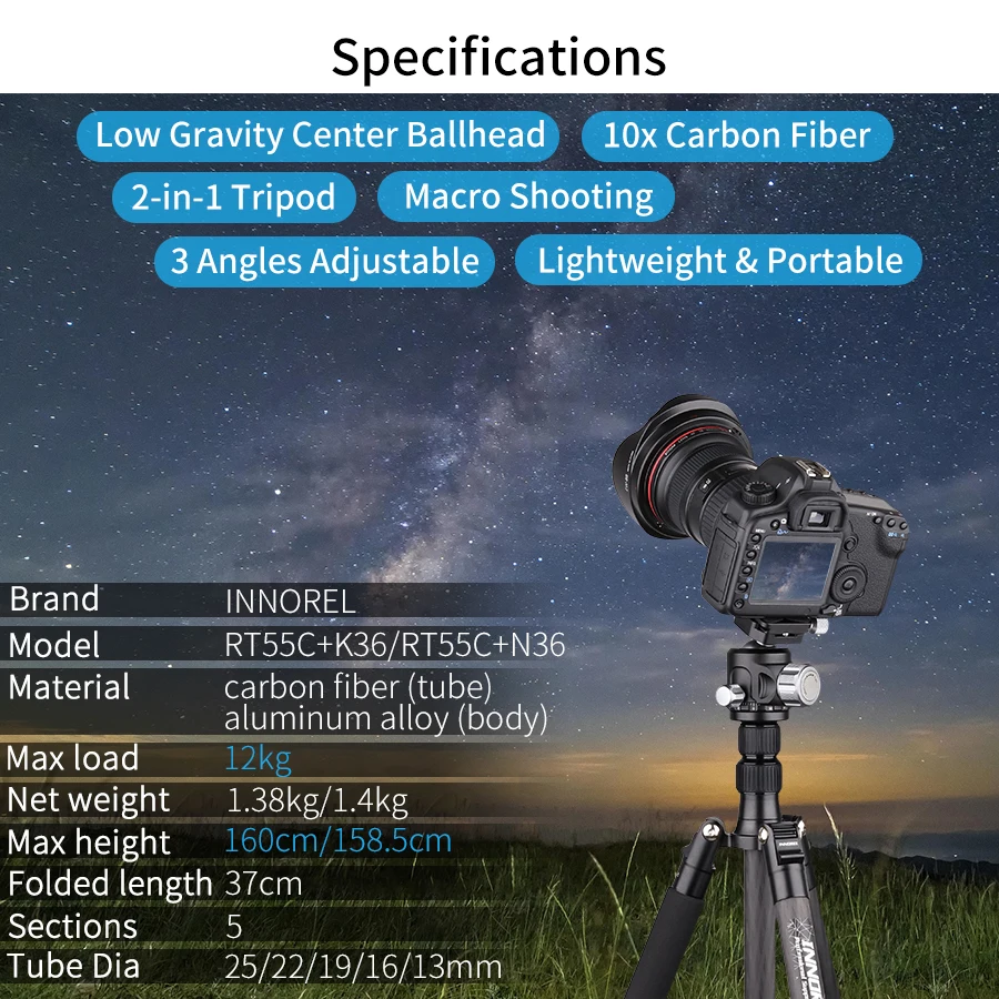 Najtaniej RT55C Profesjonalne 10 Warstw Statyw Z Włókna Węglowego Do Aparatu Cyfrowego Nadaje Się Do Koszulka Do Podróży Jakości DSLR Stojak 161cm Max Wysokość