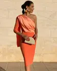 Женское коктейльное платье с накидкой, короткое оранжевое платье с длинным рукавом, на одно плечо, для выпускного вечера, 2021