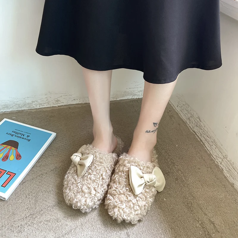 Baotou Slippers Women's Outer Wear Spring, Autumn and Winter Lamb Hair All-match Fashion Sandals Plush Flat Bow Hairy Shoes