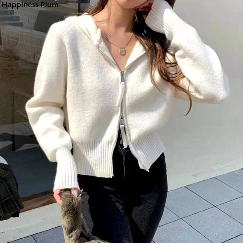 

Женский короткий вязаный свитер, кардиган на молнии с капюшоном в Корейском стиле, зима-весна 2021