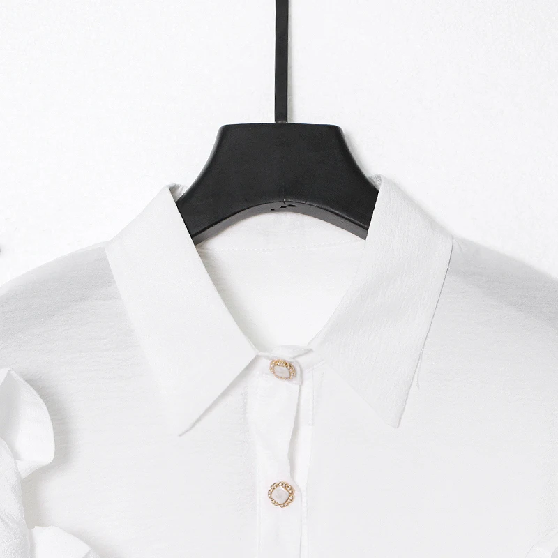 

SISPELL Patchwork Ruffle Blouse Shirt For Female Lapel Collar Short Sleeve High Waist Slimming Women's Casual Shirt 2021