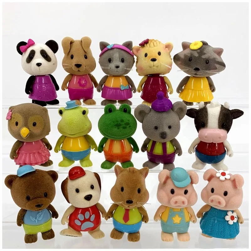 

Mini Children Play House Toys Cute Flocking Dolls Head Moving Pets Action Figure Assembled Forest Animals Simulation Model Toy