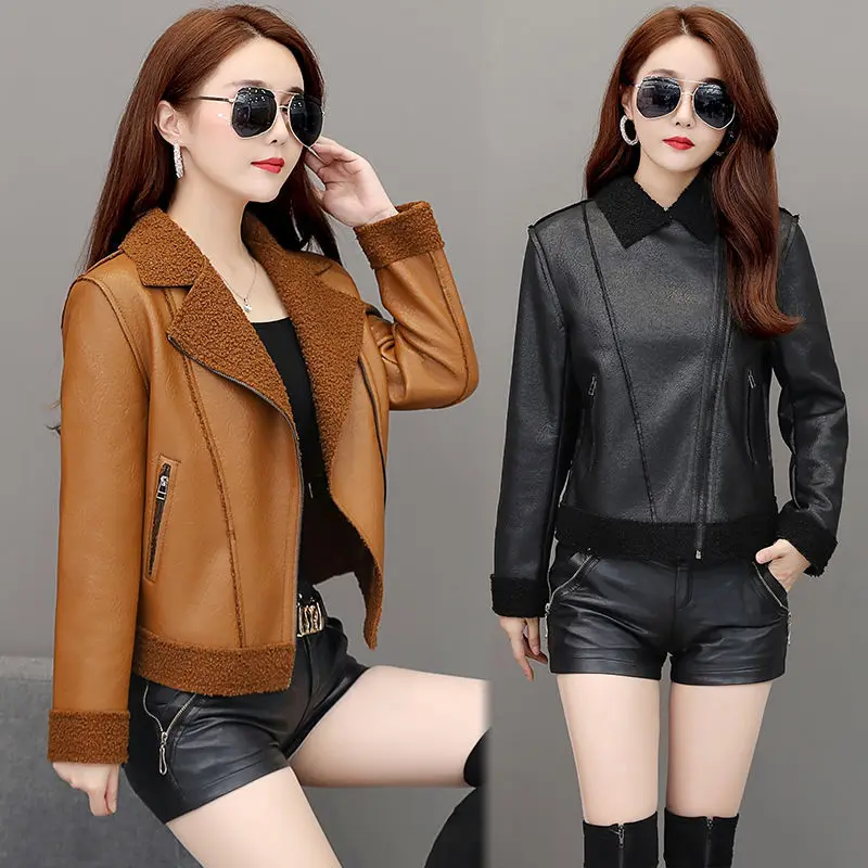 

Hot Sale Streetwear Lapel PU Leather Jacket Women's Full Sleeve Zip Ladies Jacket For Woman Fall/Winter 2021