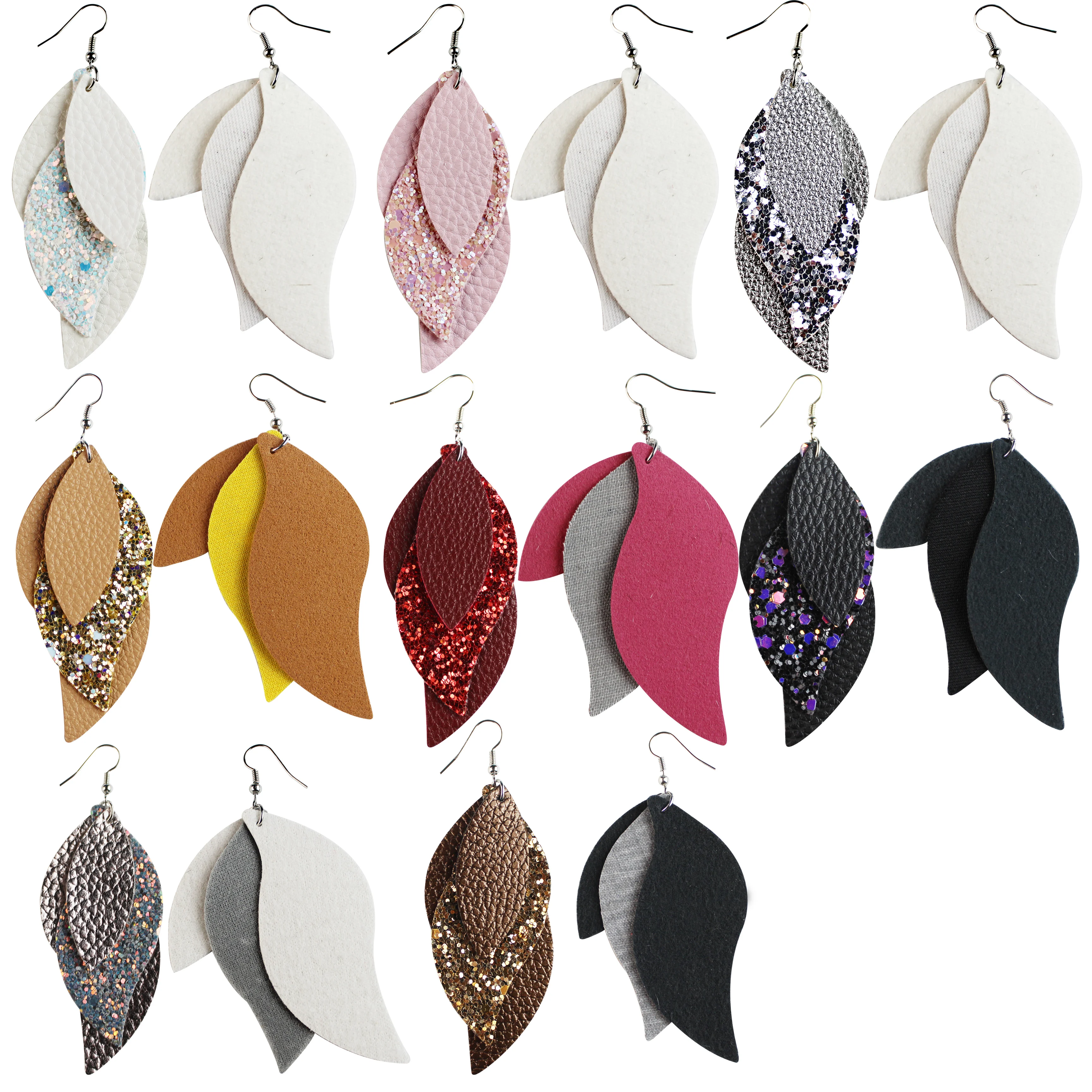 2 шт. висячие серьги в виде листьев личи 3 слоя кожи с блестящими листочками