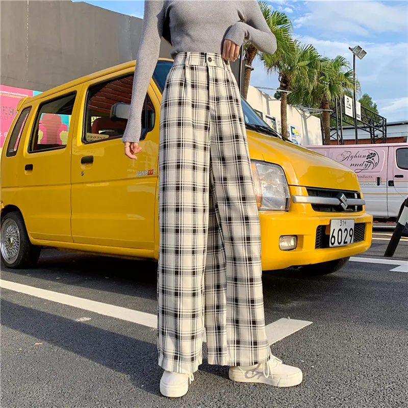 

2021 Women Plaid Pants Spring High Waist Wide Leg Pants Female Fashion Korean Style Oversized Trousers Women Harajuku Sweatpants