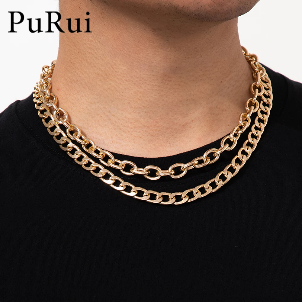 

Punk Rock Aluminium Chain Choker Necklaces for Men Women Layered Chunky Thick Link Chain Necklace Gold Color Clavicle Statement