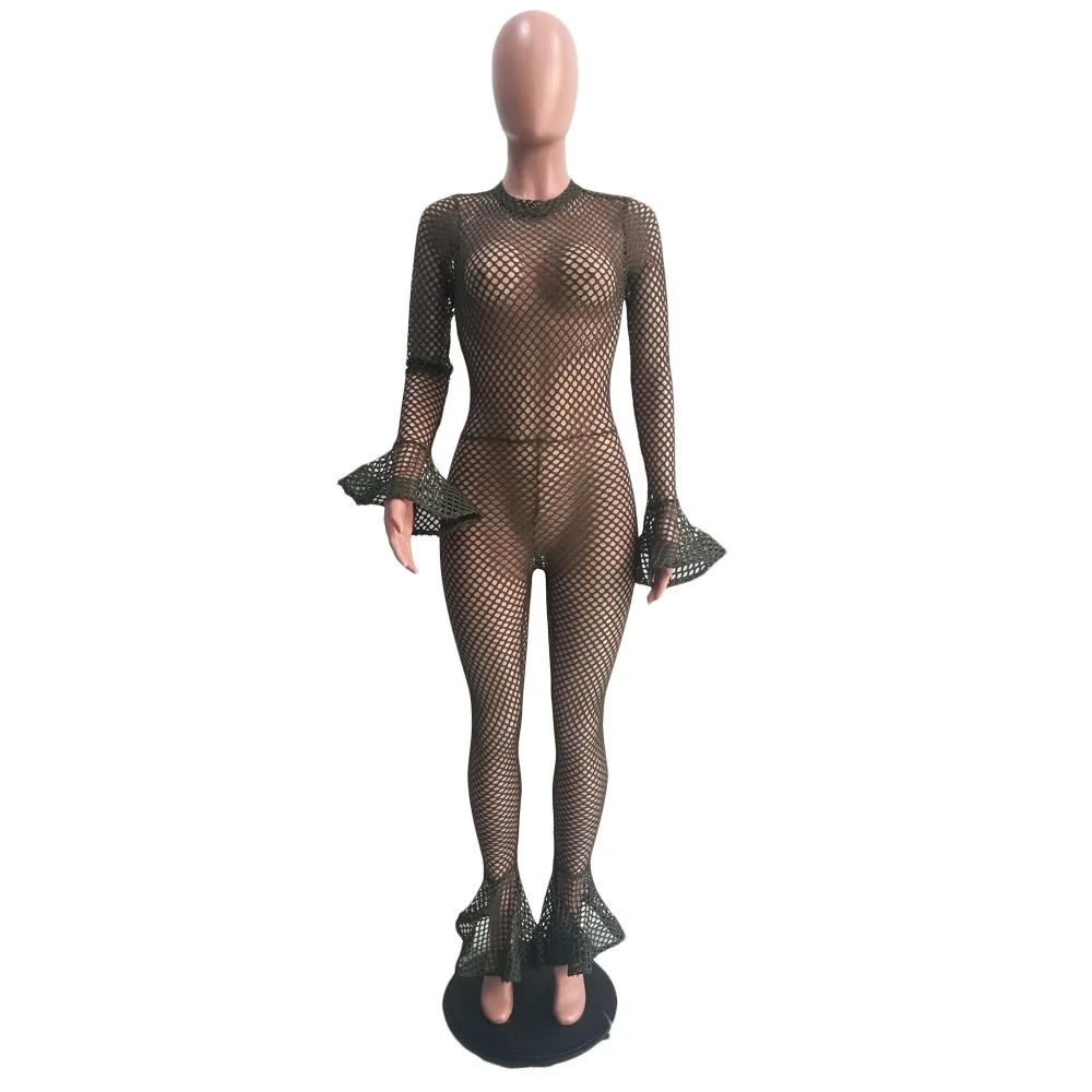 Армейский зеленый HAOYUAN Sexy Fishnet Sheer Rompers Womens Jumpsuit Long Sleeve Bodycon Overalls Festival Clothing Fall Club One Piece Jumpsuit - Цвет: Армейский зеленый