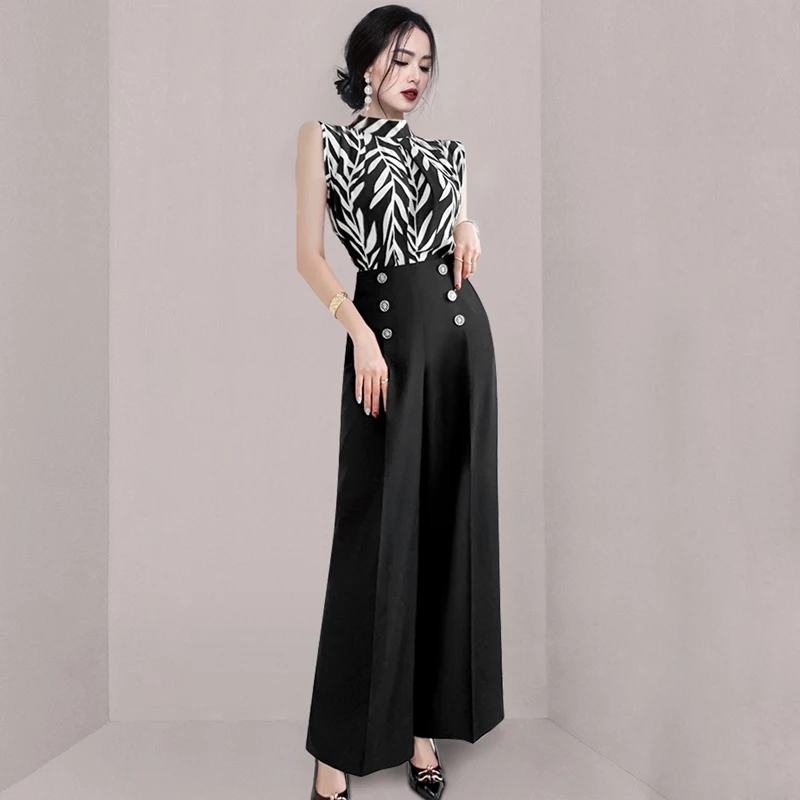 

Korean Office Lady Summer Two Piece Set Women Sleeveless Stand Neck Shirts + High Waist Long Trousers Set Vintage Outfits C715