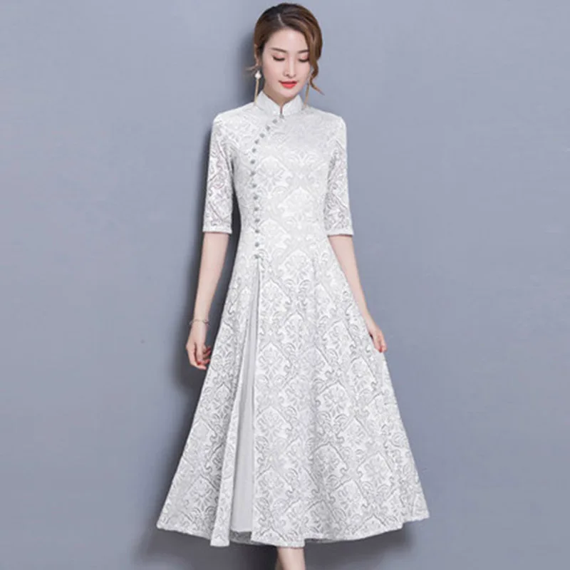 

Spring Summer Improved Cheongsam Dress 2020 New Summer Ladies Five-point Sleeves Dress Retro Chinese Long Mujer Vestidos A856