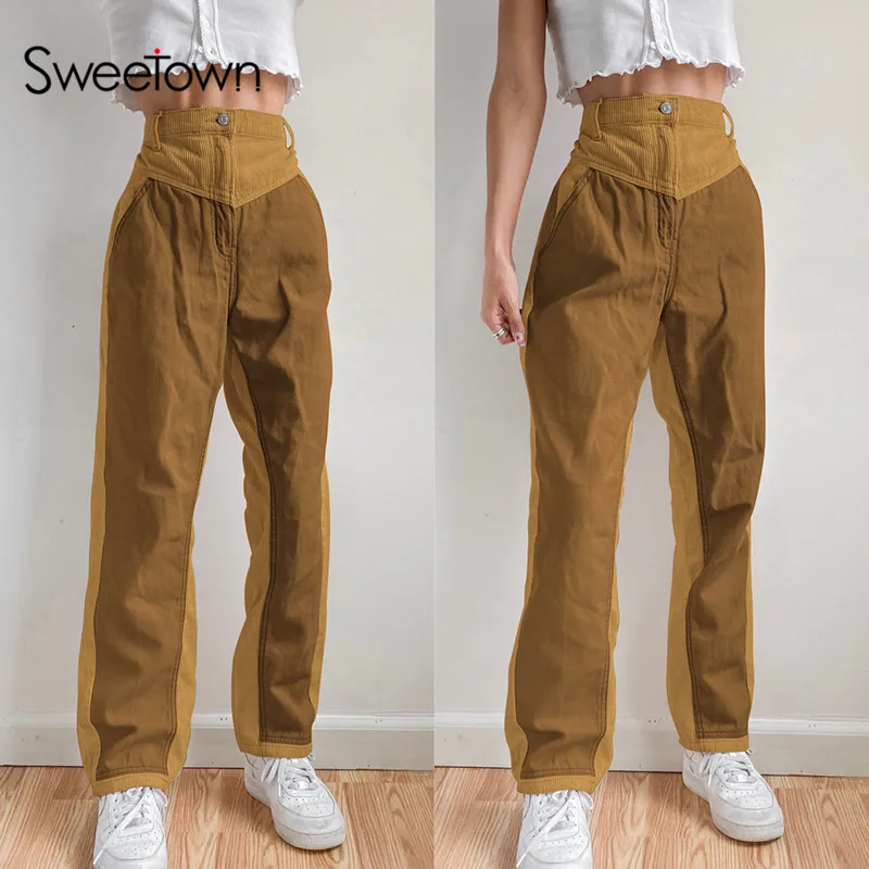 

Sweetown Brown Aesthetic Baggy Joggers Women Contrast Patches Corduroy Vintage Sweatpants High Waist Girl Cargo Pants