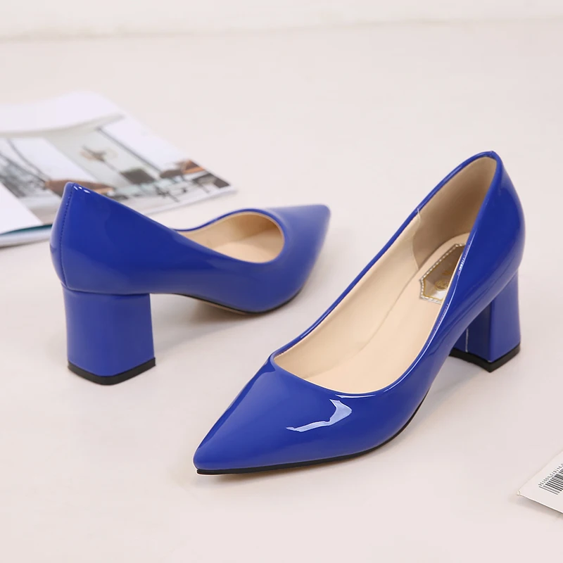 

Sexy Mature Blue Sliver Woman High Heels Square Heel Party Wedding Shoes For Women Patent Leather Lady Pumps Big Size 46 DB0048