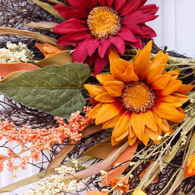 

Christmas Artificial Wreath Sunflower Branches Pine Cone for Autumn Thanksgiving Day Front Door Wall Hanging Decoration