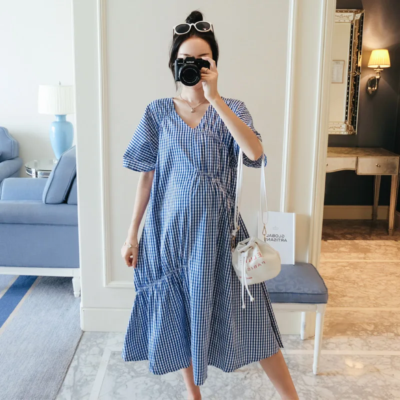 2019 New Brand Summer Maternity Dress Woman Cute Plaid Large Size Dresses Pregnant MD-01804 | Мать и ребенок