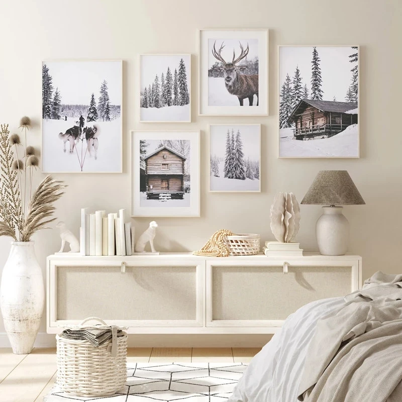 

Forest Wooden House Wall Art Canvas Painting Winter Snowflake Moose Poster Nordic Print Pictures Home Room Decor New House Gift