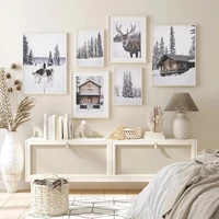 forest wooden house wall art canvas painting winter snowflake moose poster nordic print pictures home room decor new house gift