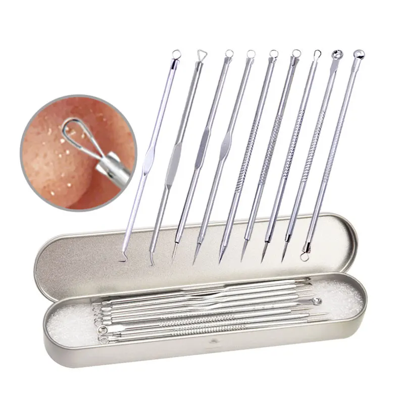 

9Pcs/set Blackhead Comedone Pore Clean Tool Acne Pimple Remover Tool Needles Spoon Face Skin Care Stainless Steel Acne Extractor