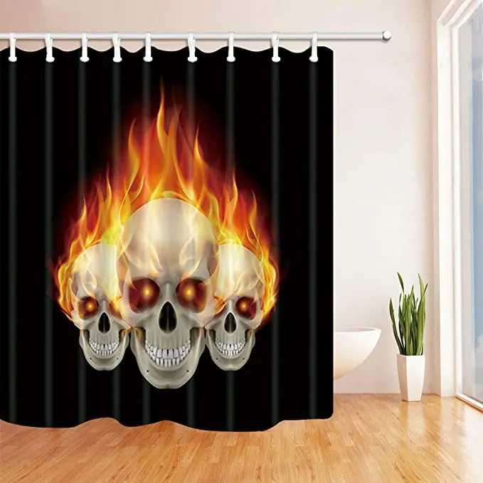 

Shower curtain with skull and fire motif, made of hard-wearing fabric, mold-resistant, bathroom accessories, creative,
