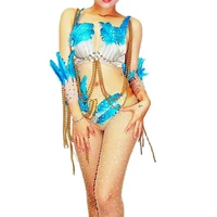 sparkly diamond blue feather gold chain fringe bra shorts women bikini sets nightclub dance show stage wear evening prom outfit