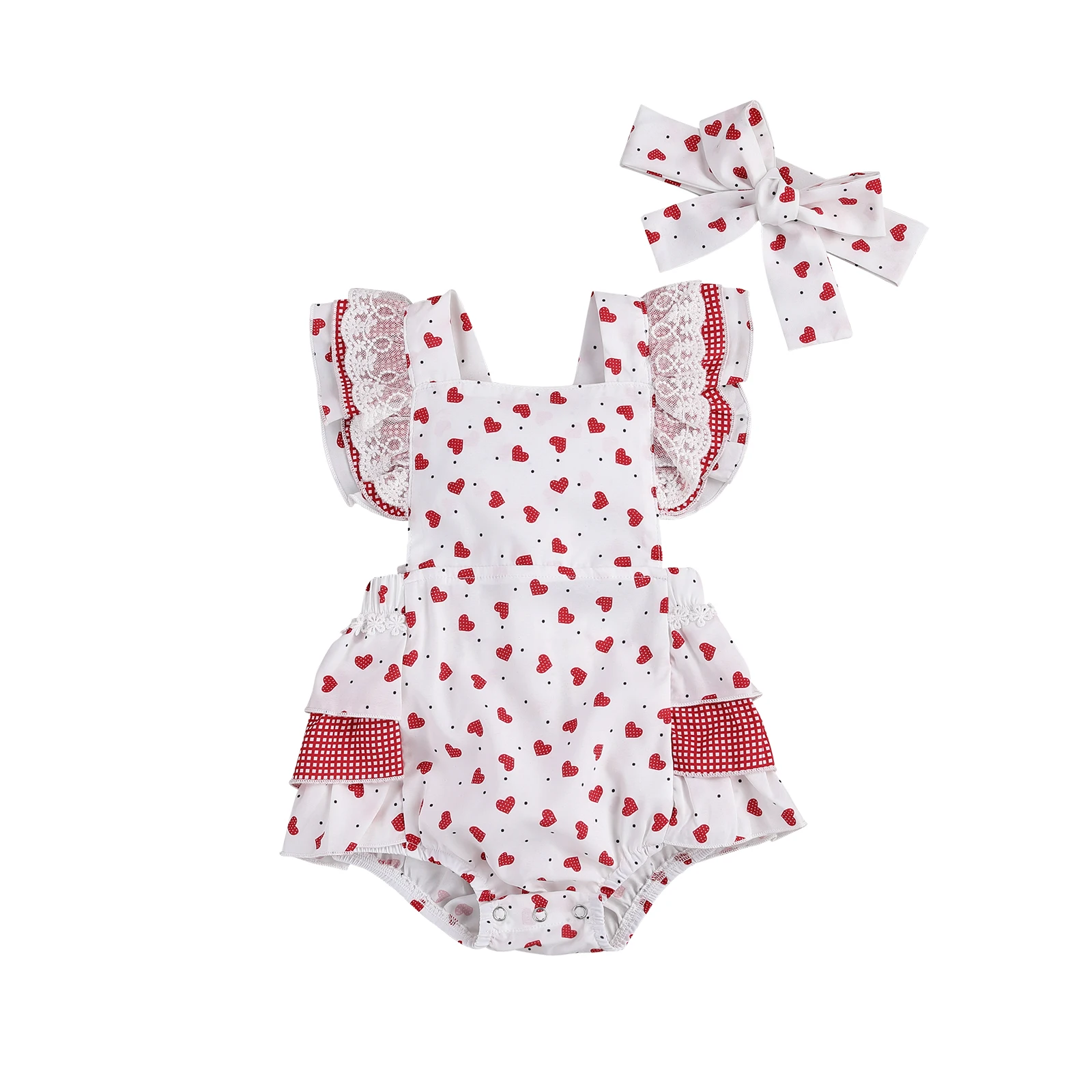 

Infant Baby Girls Bodysuits Headband 2pcs Heart Print Ruffles Short Sleeve Backless Jumpsuits For Valentine's Day