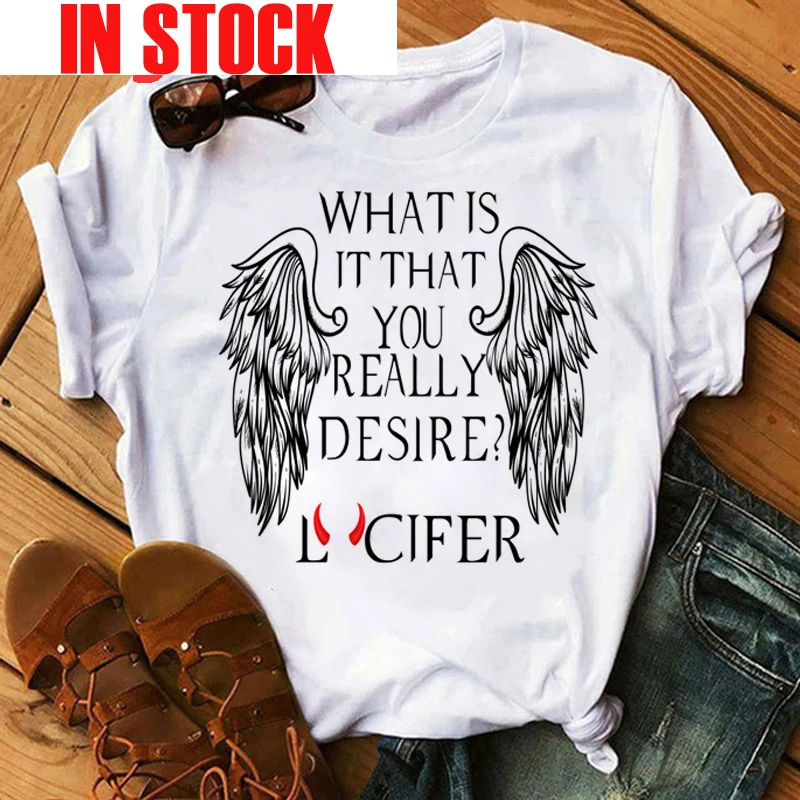 

Funny Tops Tee Lucifer Morningstar T Shirt Women Kawaii Cartoon Harajuku Tshirt TV Show Graphic Tees Unisex Short Sleeve T-shirt