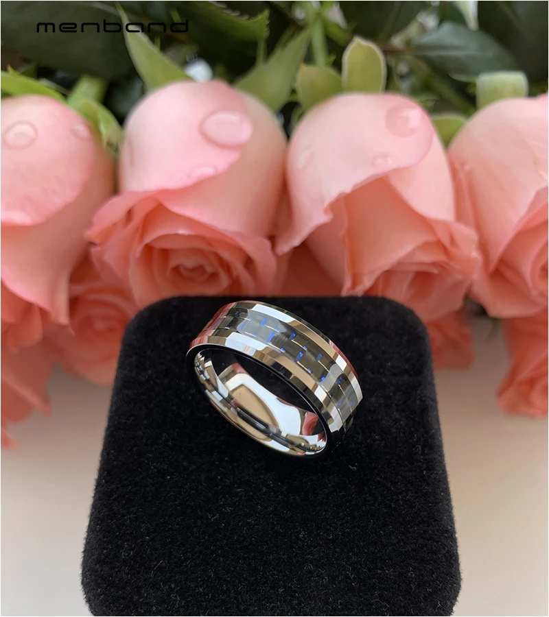 

8MM Tungsten Carbon Fiber Ring Wedding Band For Men Women With Black+Blue Carbon Fiber Inlay Comfort Fit