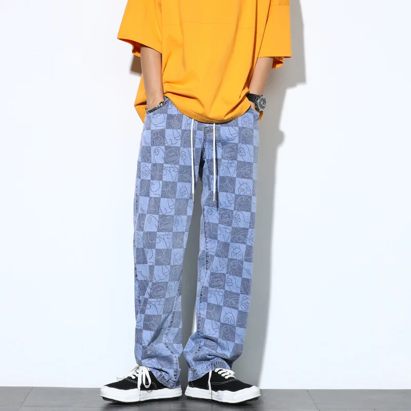 Retro Plaid Men's Jeans New Summer Wide Leg Pants Japanese Streetwear Cartoon Print Fashion Harajuku Trousers Men Baggy | Мужская