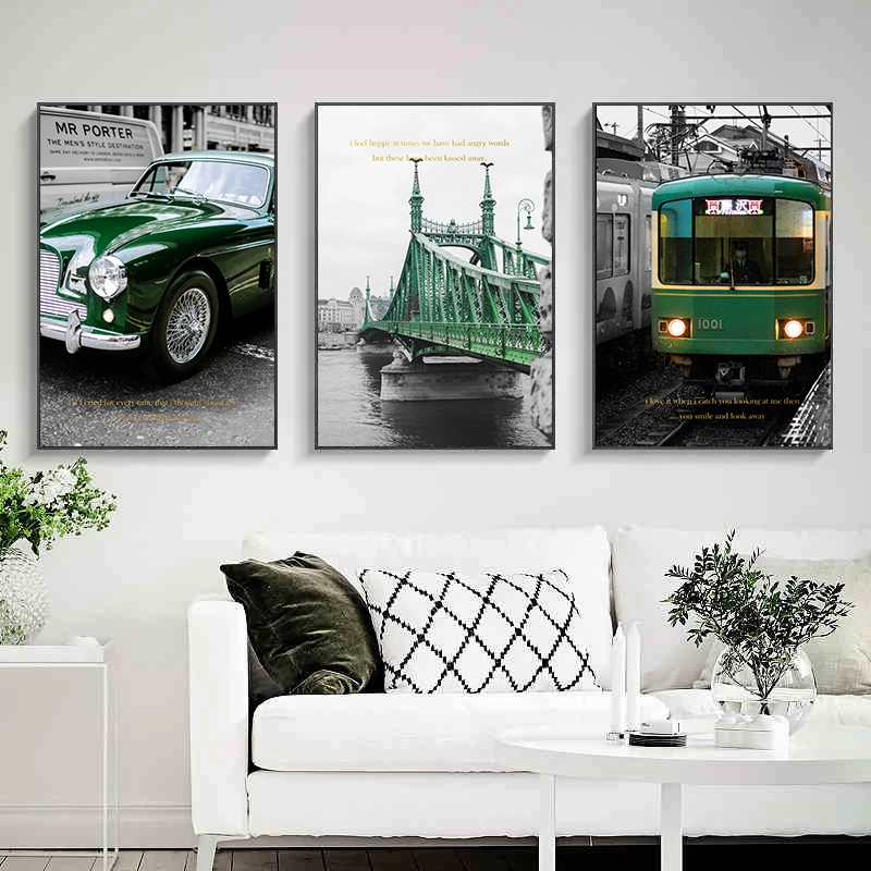 Скандинавский современный Винтажный Зеленый Поезд мост холст картины