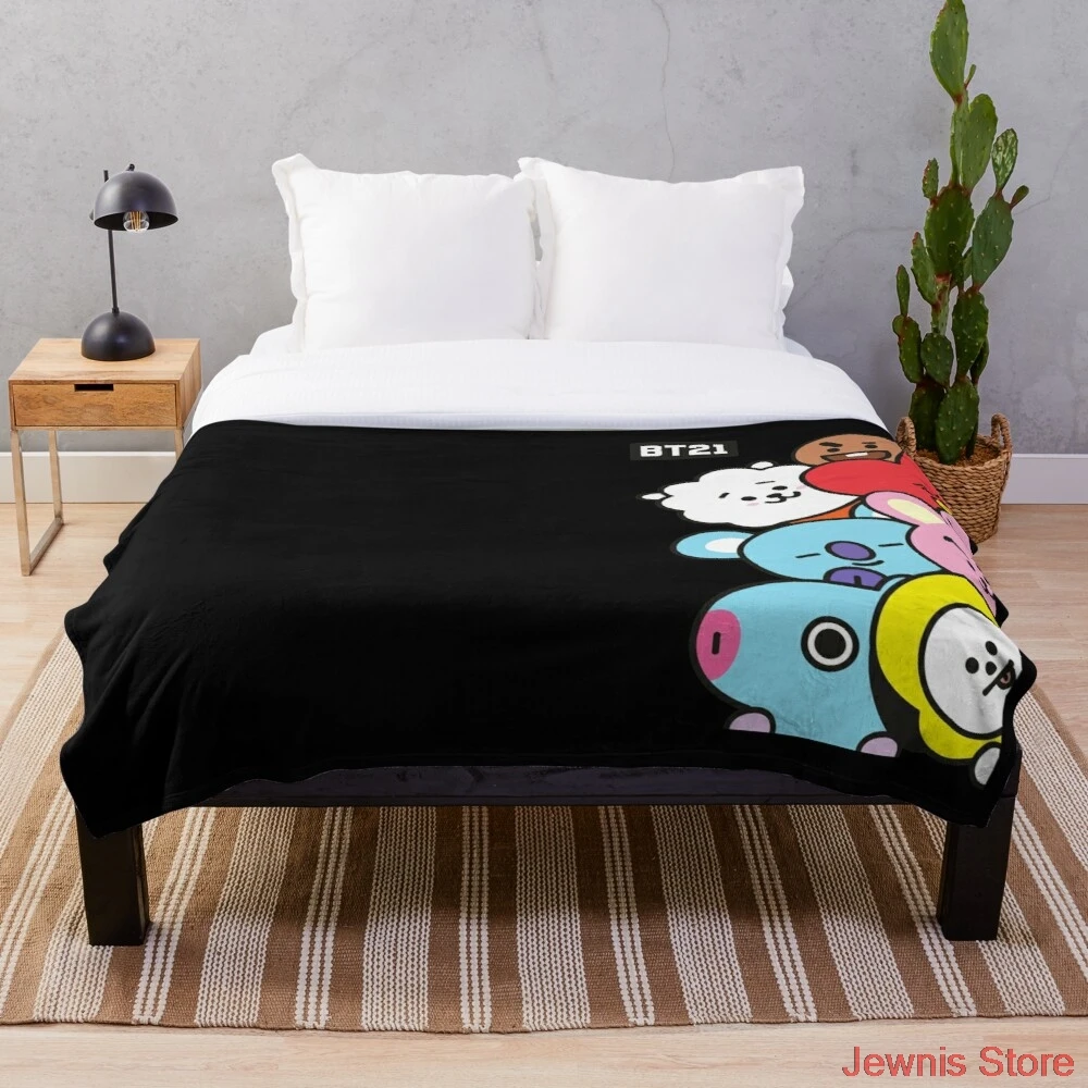 

BT21 all gathered Black Ania Mardrosyan Throw Blanket Super Soft Printing Family Car and Sofa Bed throws Summer Office Quilts