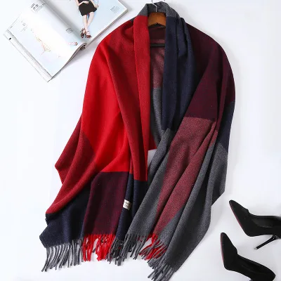 Red Gray Plaid Новинка, настоящий кашемировый шарф, палантин, Клетчатые Шерстяные шарфы для женщин, зимние теплые женские пончо, накидка, модные женские 100 пашмины шали - Цвет: Red Gray Plaid