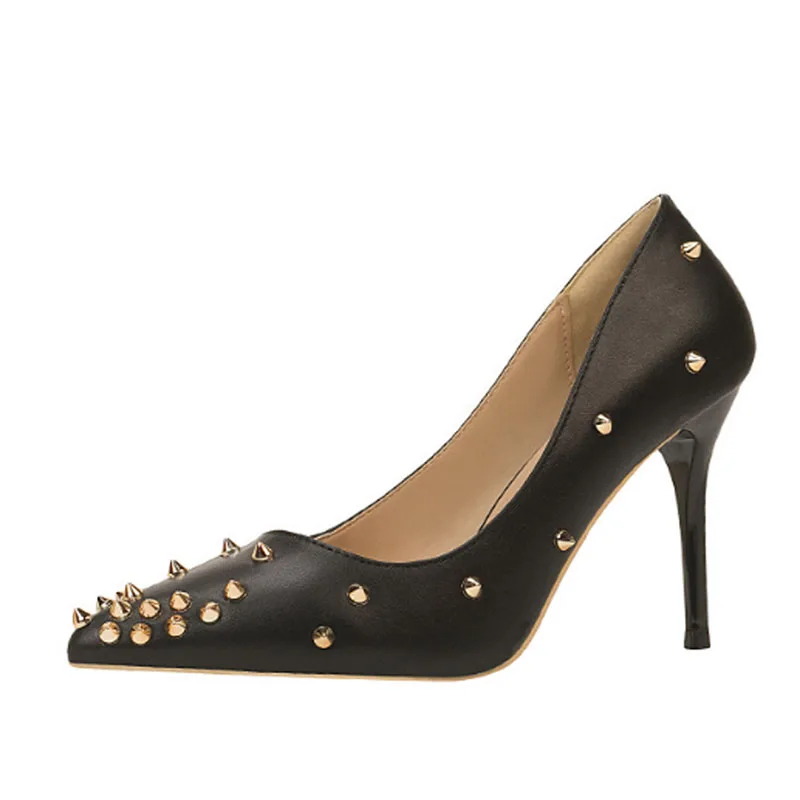 

Женские модные туфли на тонком высоком каблуке, женские туфли на высоком каблуке с закрытым носком и заклепками, сексуальные туфли на высок...