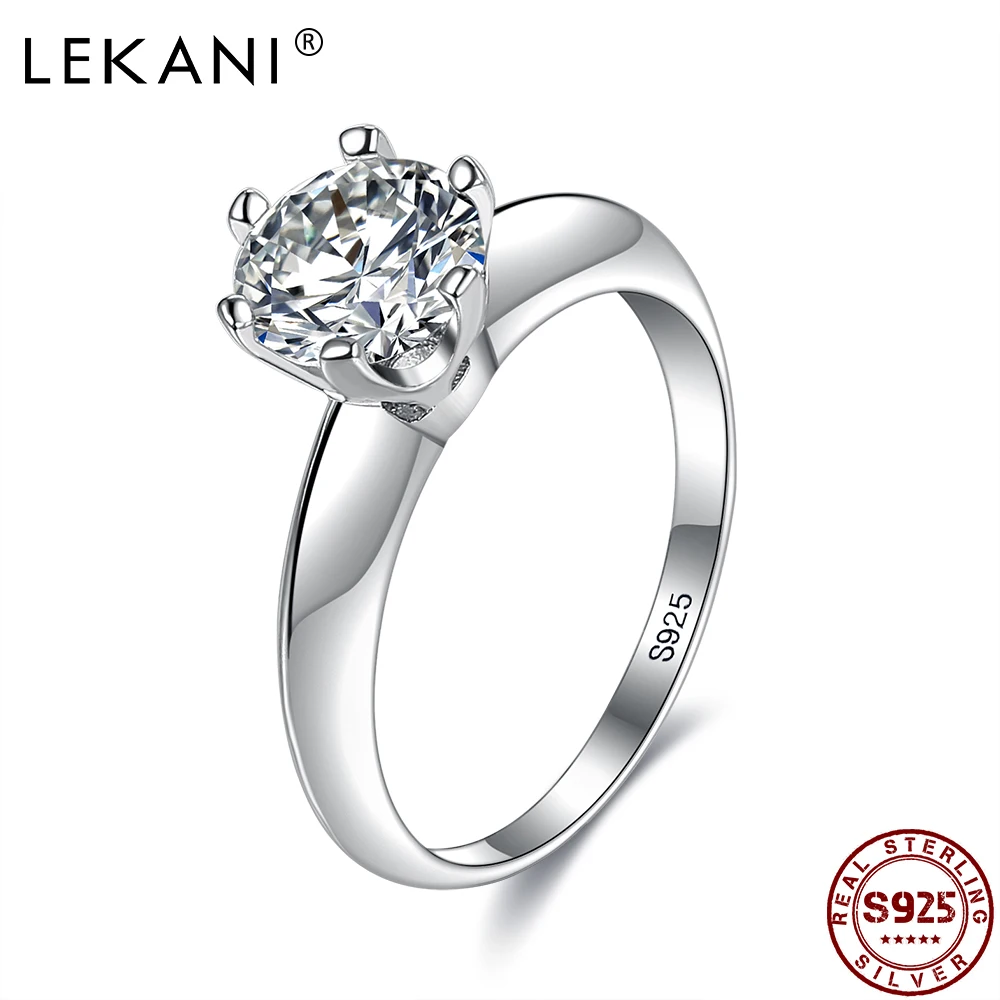 

LEKANI Finger Rings For women Sterling Silver 925 Jewelry Shiny Geometry Round 5A+ Cubic Zirconia Luxury Wedding Engagement Ring