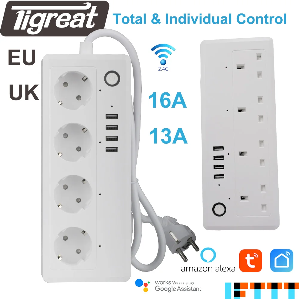 Смарт Мощность полоса Wi Fi eu 16A 4 розетки UK 13a ЖК экраном таймером и Управление