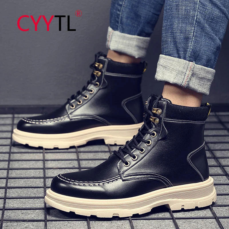 

CYYTL Thick Sole Men's Platform Boots Leather Water Resistant Outdoor Walking Fashion Ankle Shoes Casual Motorcycle Work Booties