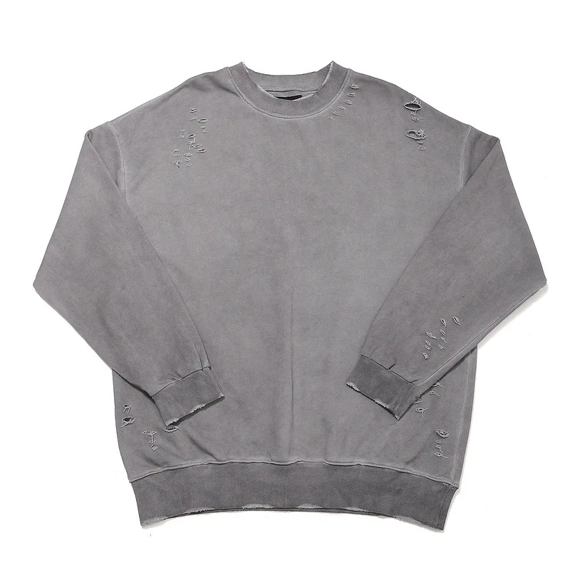 

High Street Men Sweatshirt Long Sleeve Pullover Vintage Streetwear Washed And Old Broken Hole Round Collar Hoody Sweatshirts