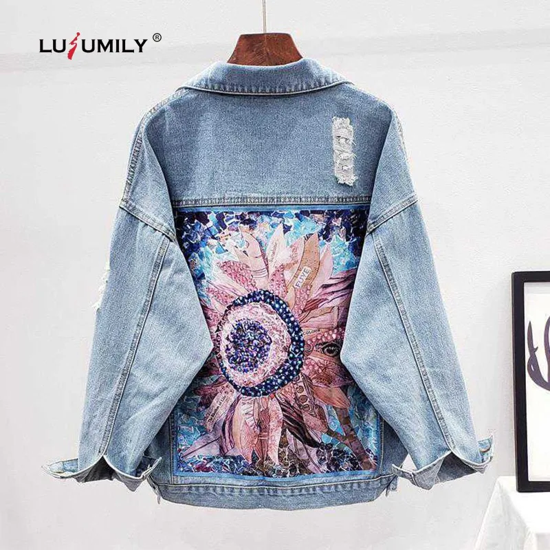 Модная Джинсовая куртка Lusumily женское Свободное пальто джинсовая с блестками