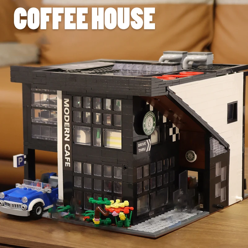 

MOC City Street View Modern Cafe House Bricks with Figures Creative Architecture Building Blocks Toys for Kids Christmas Gifts