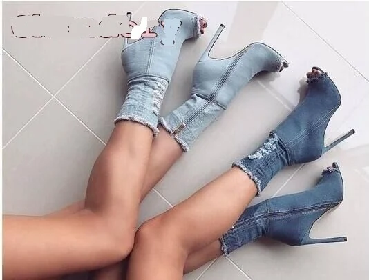 

Denim open heel fashion Roman short boots High Heel Sandals