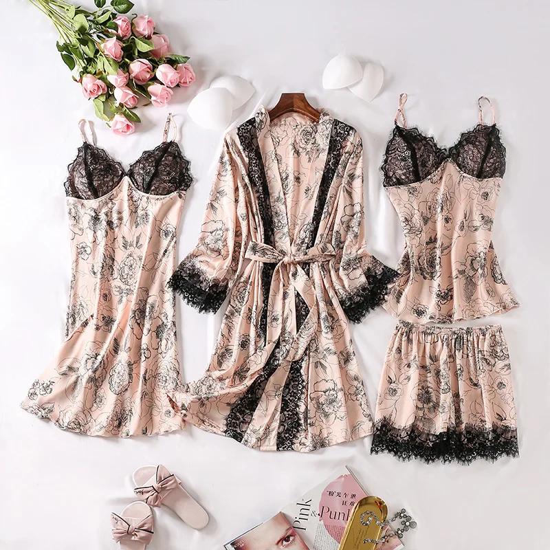 

Summer Satin 4PCS Nightwear Pijamas Suit Burgundy Printed Flower Pajamas Set Female Sleepwear Spring Casual Loose Home Clothes